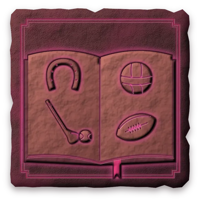 Open book with simple racing, hurling, Gaelic football and rugby symbols
