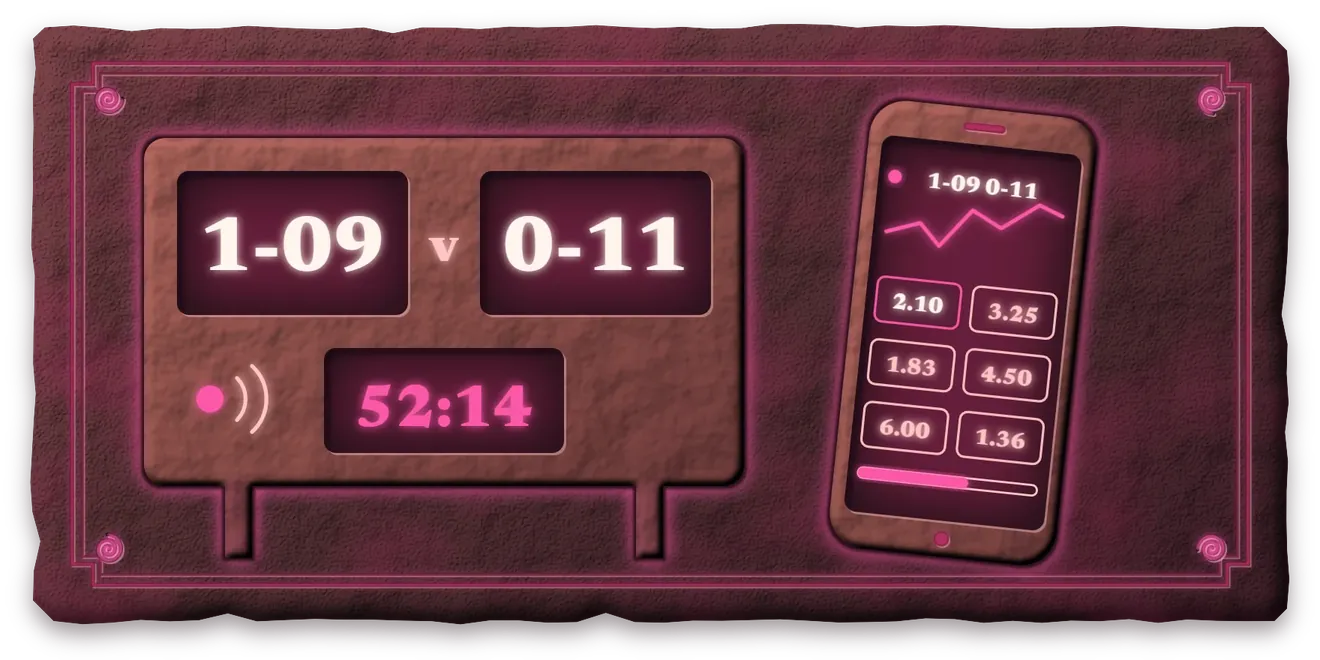 Illustrative live scoreboard and a phone showing an in-play market