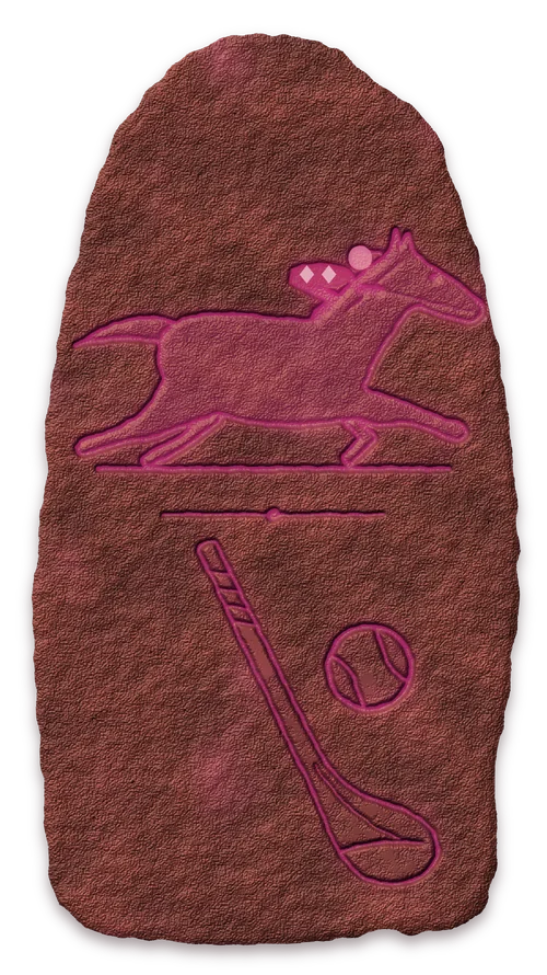 Carved stone with a racehorse and a hurley and sliotar